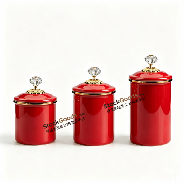 13×12.7cm/13×15.2cm/13×17.7cm Premium Enamel Storage Canister 3 Pieces Set, White Inner & Outer Color, with Golden Knob, Multiple Colors Available
